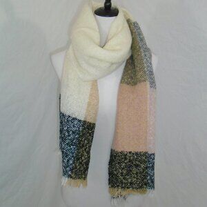 Womens Oversized Scarf Shaw White Tan Black Pink Gray Frills 26” x 79” EUC